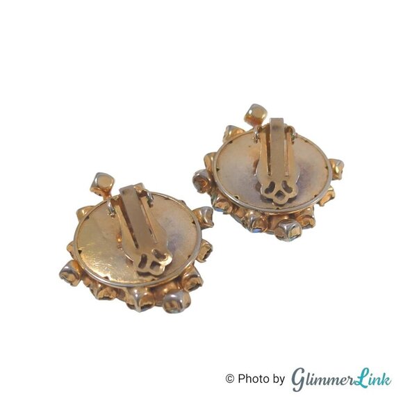 Vintage AB Aurora Borealis & White Stone Cluster Gold Tone Clip On Earrings - Picture 6 of 10